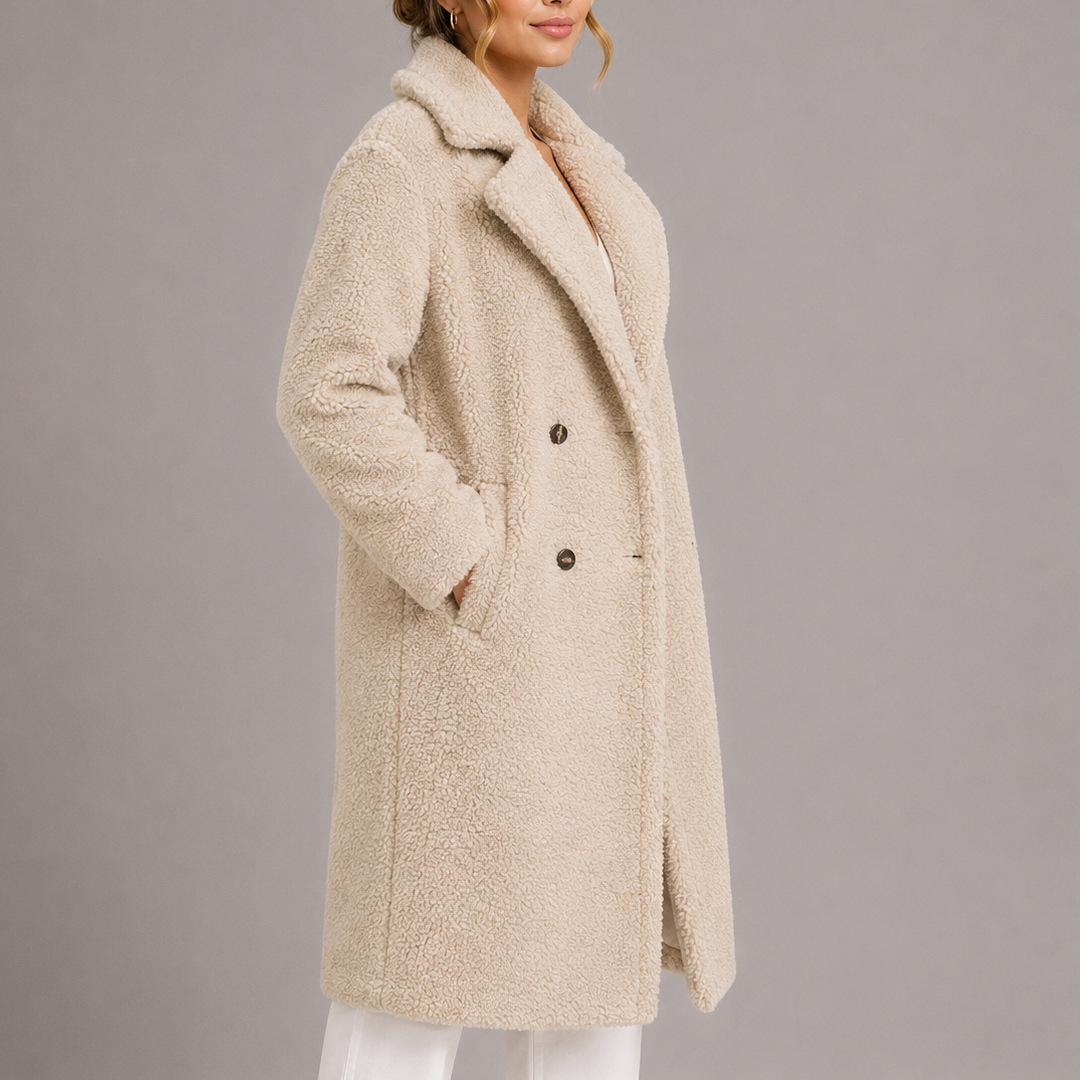 Women's Teddy Coat with Double Breasted Front and Notch Lapels