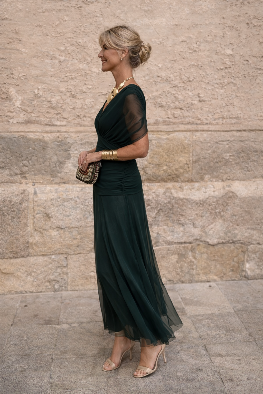 Women's Wedding Guest Midi Dress with V Neck Ruched Waist and Chiffon Skirt
