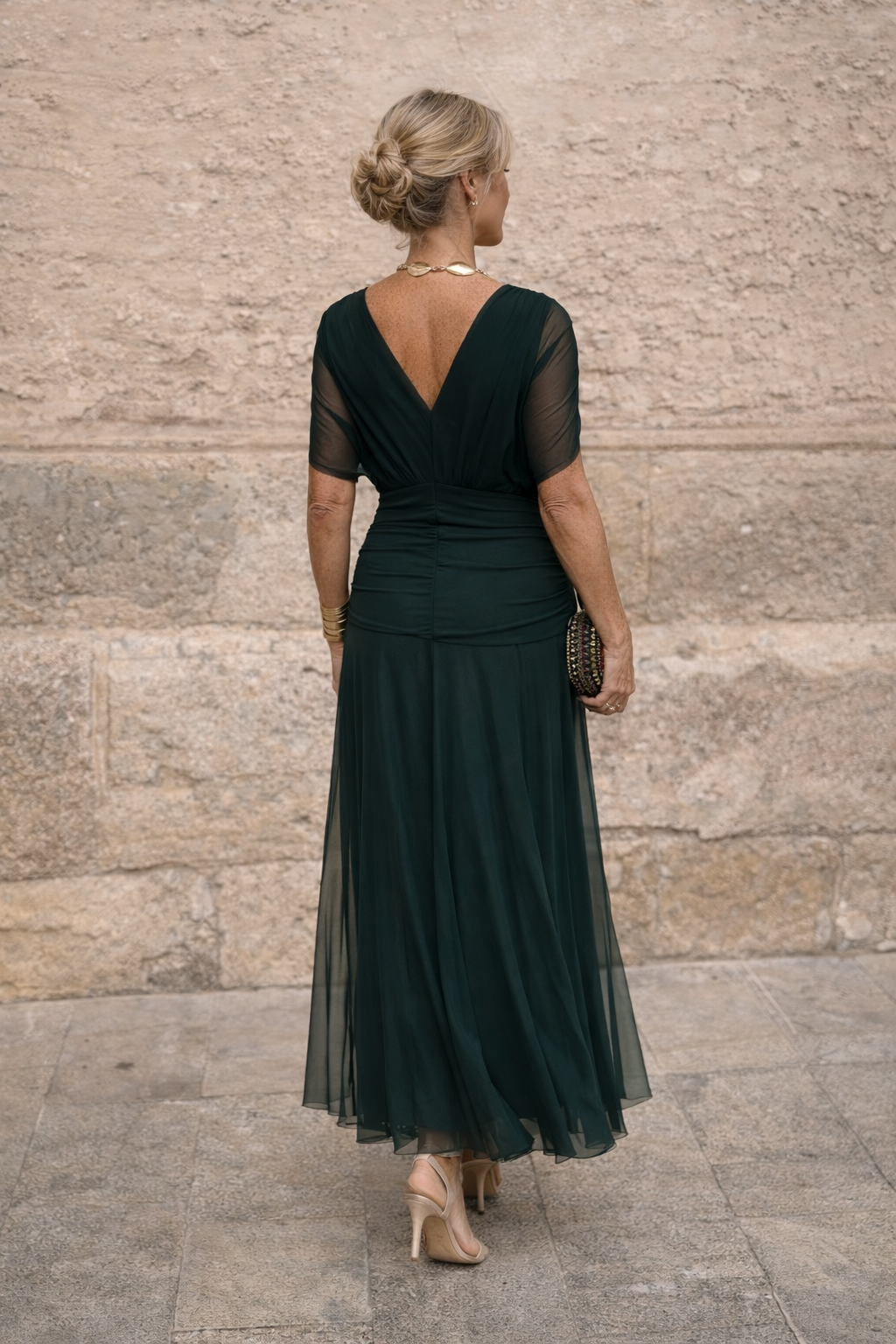 Women's Wedding Guest Midi Dress with V Neck Ruched Waist and Chiffon Skirt