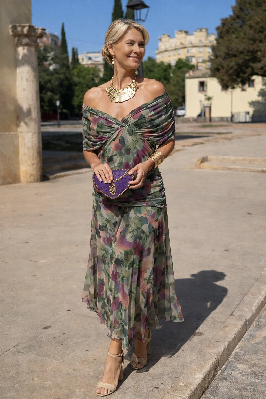 Women's Wedding Guest Midi Dress with V Neck Ruched Waist and Chiffon Skirt