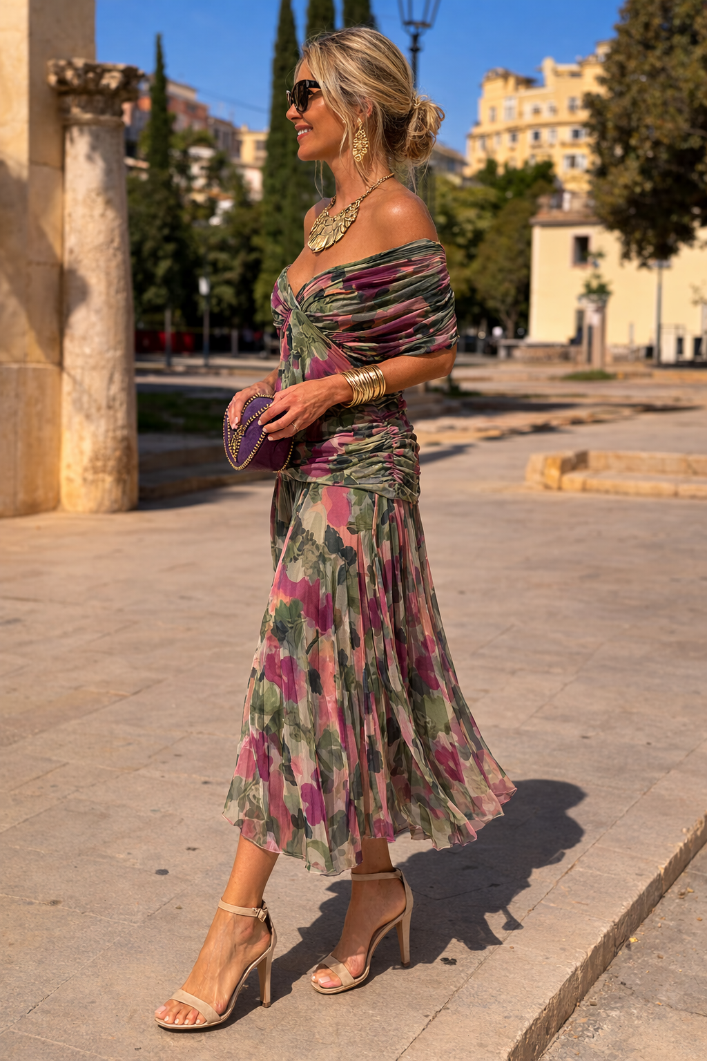 Women's Wedding Guest Midi Dress with V Neck Ruched Waist and Chiffon Skirt