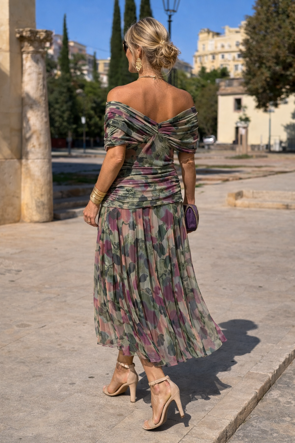 Women's Wedding Guest Midi Dress with V Neck Ruched Waist and Chiffon Skirt