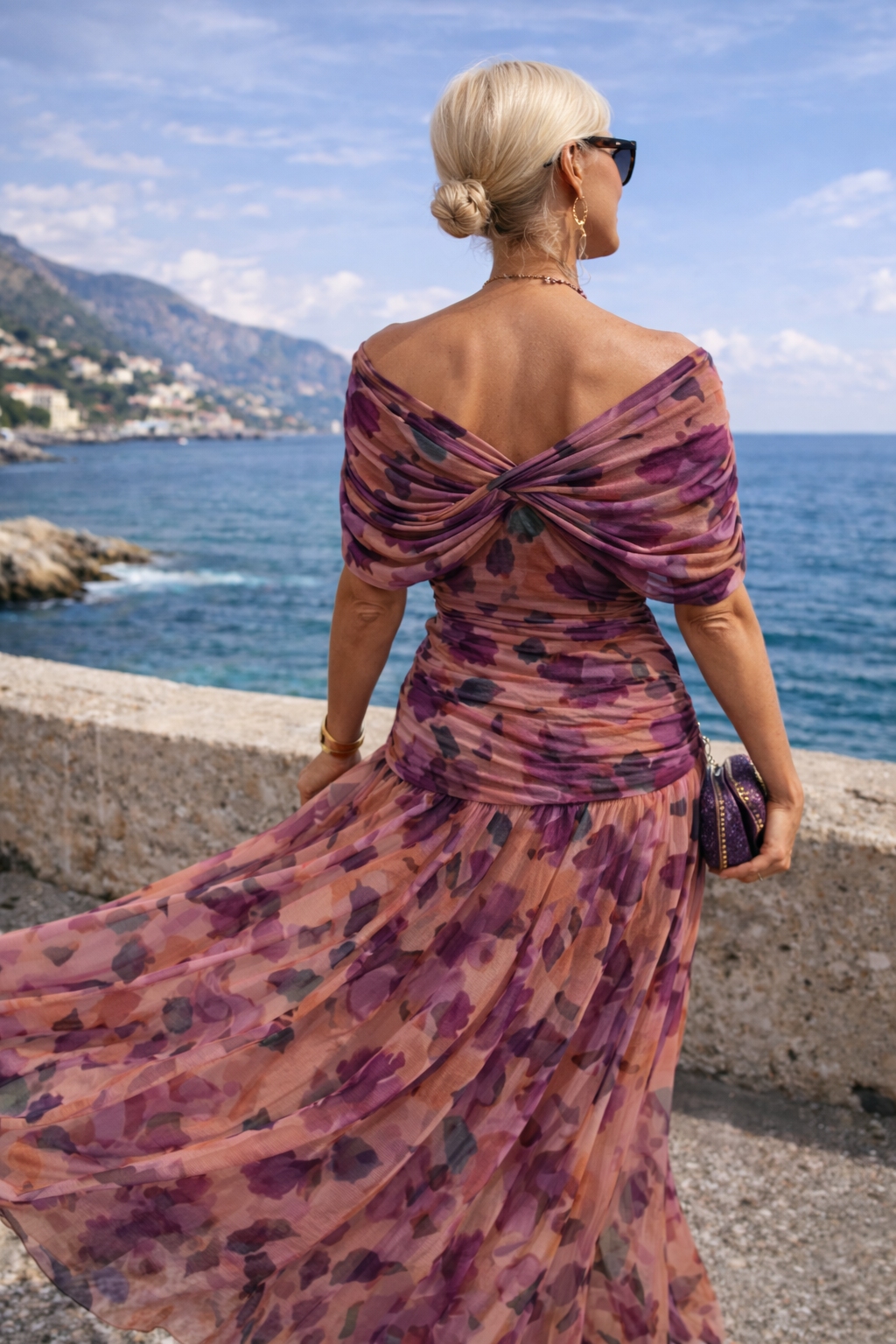 Women's Wedding Guest Midi Dress with V Neck Ruched Waist and Chiffon Skirt