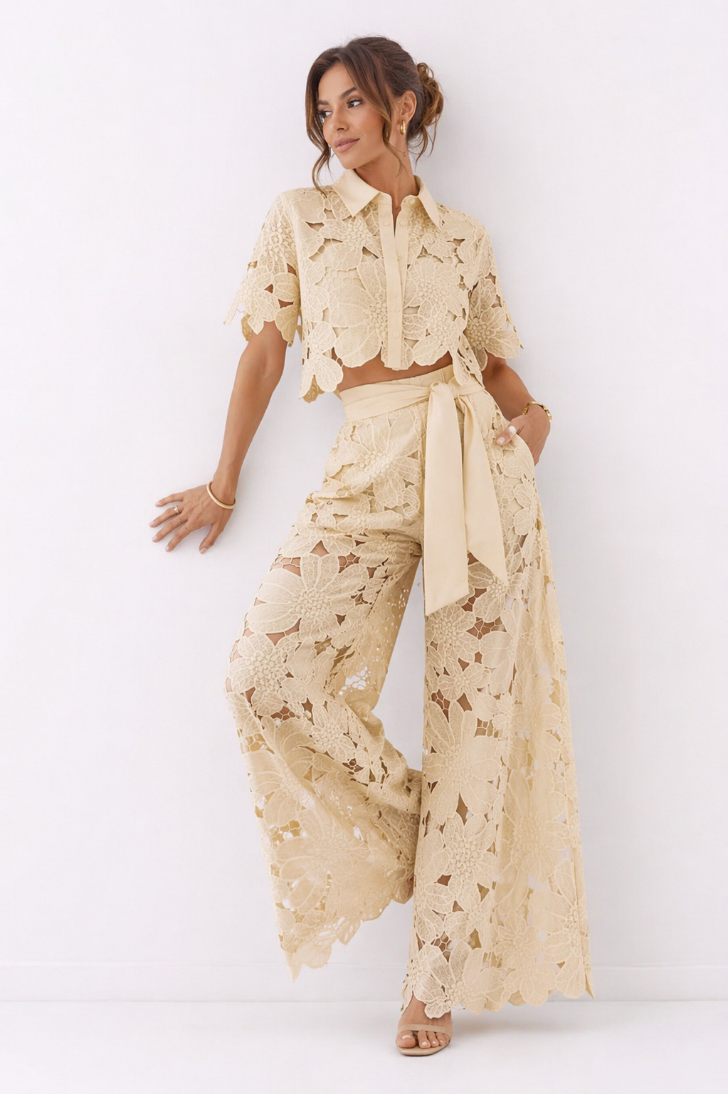 Women's Two Piece Co-Ord Set with Floral Lace Shirt and Wide Leg Trousers