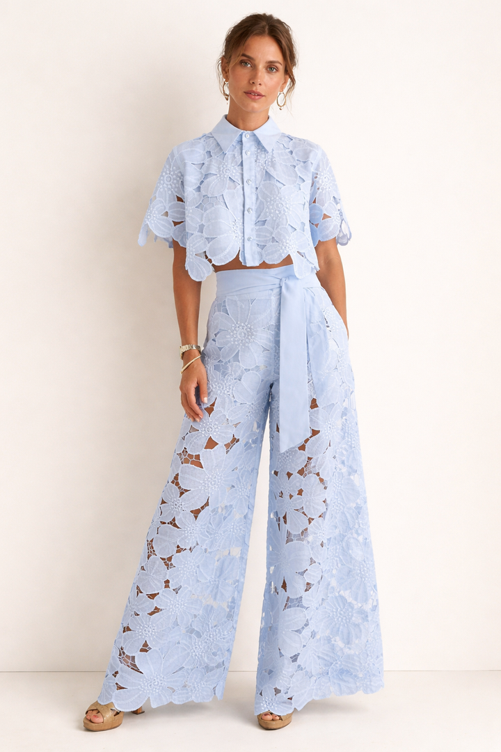 Women's Two Piece Co-Ord Set with Floral Lace Shirt and Wide Leg Trousers