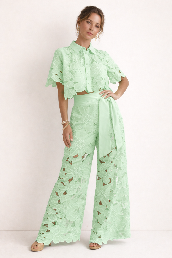 Women's Two Piece Co-Ord Set with Floral Lace Shirt and Wide Leg Trousers