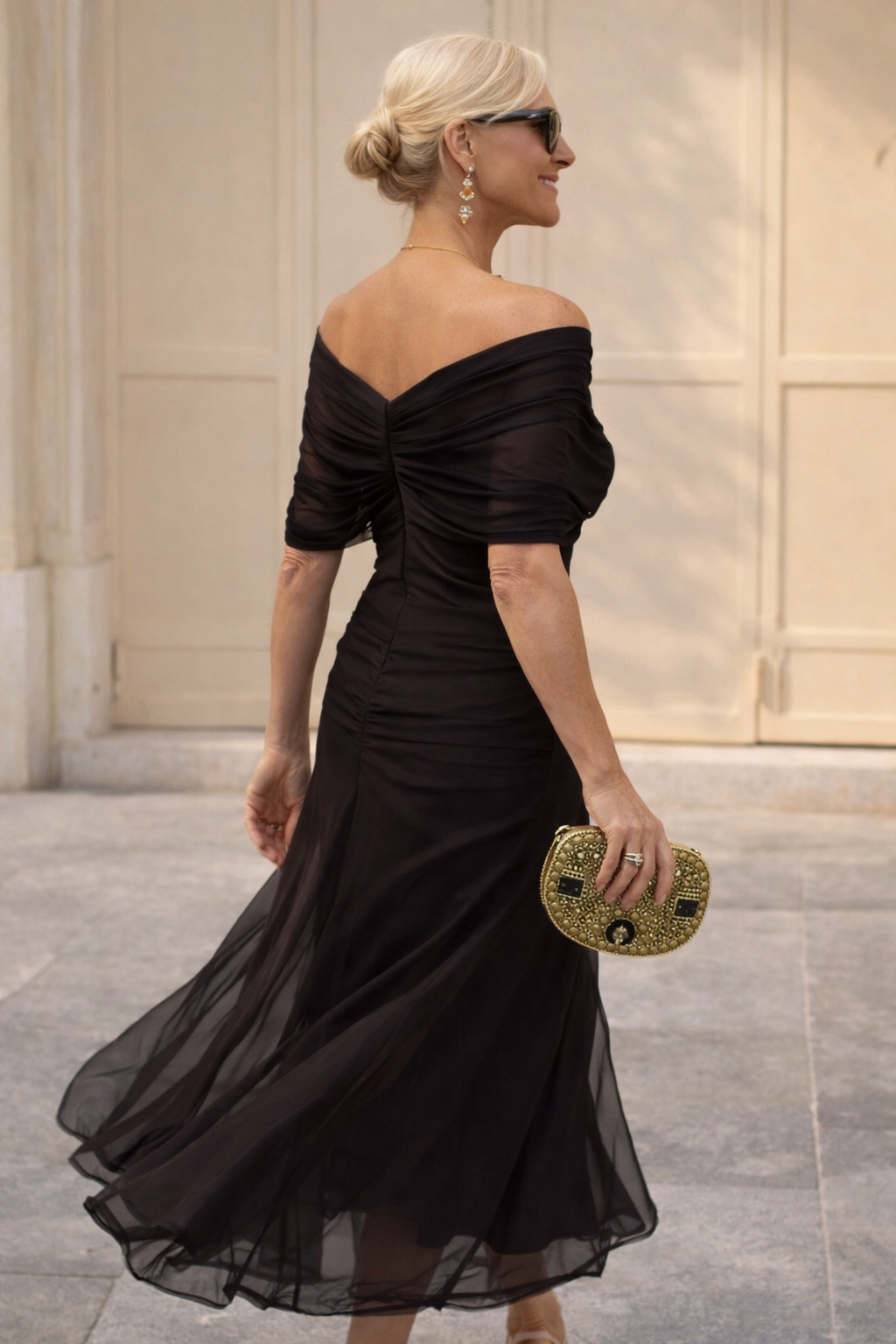 Women's Wedding Guest Midi Dress with V Neck Ruched Waist and Chiffon Skirt