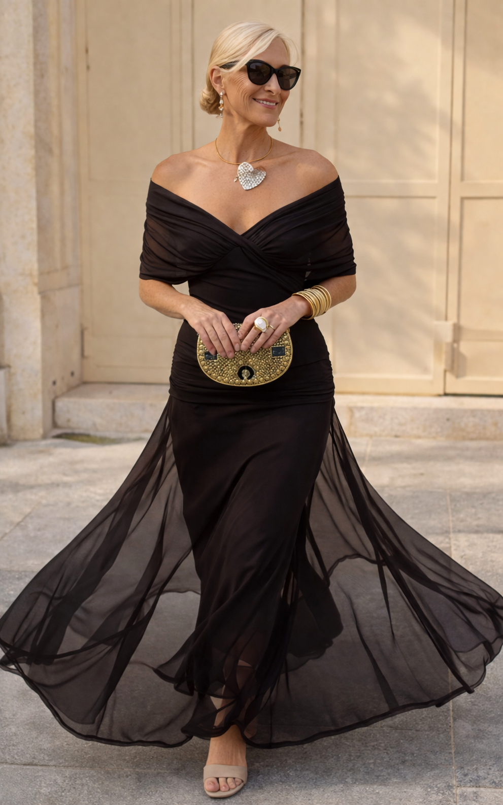 Women's Wedding Guest Midi Dress with V Neck Ruched Waist and Chiffon Skirt