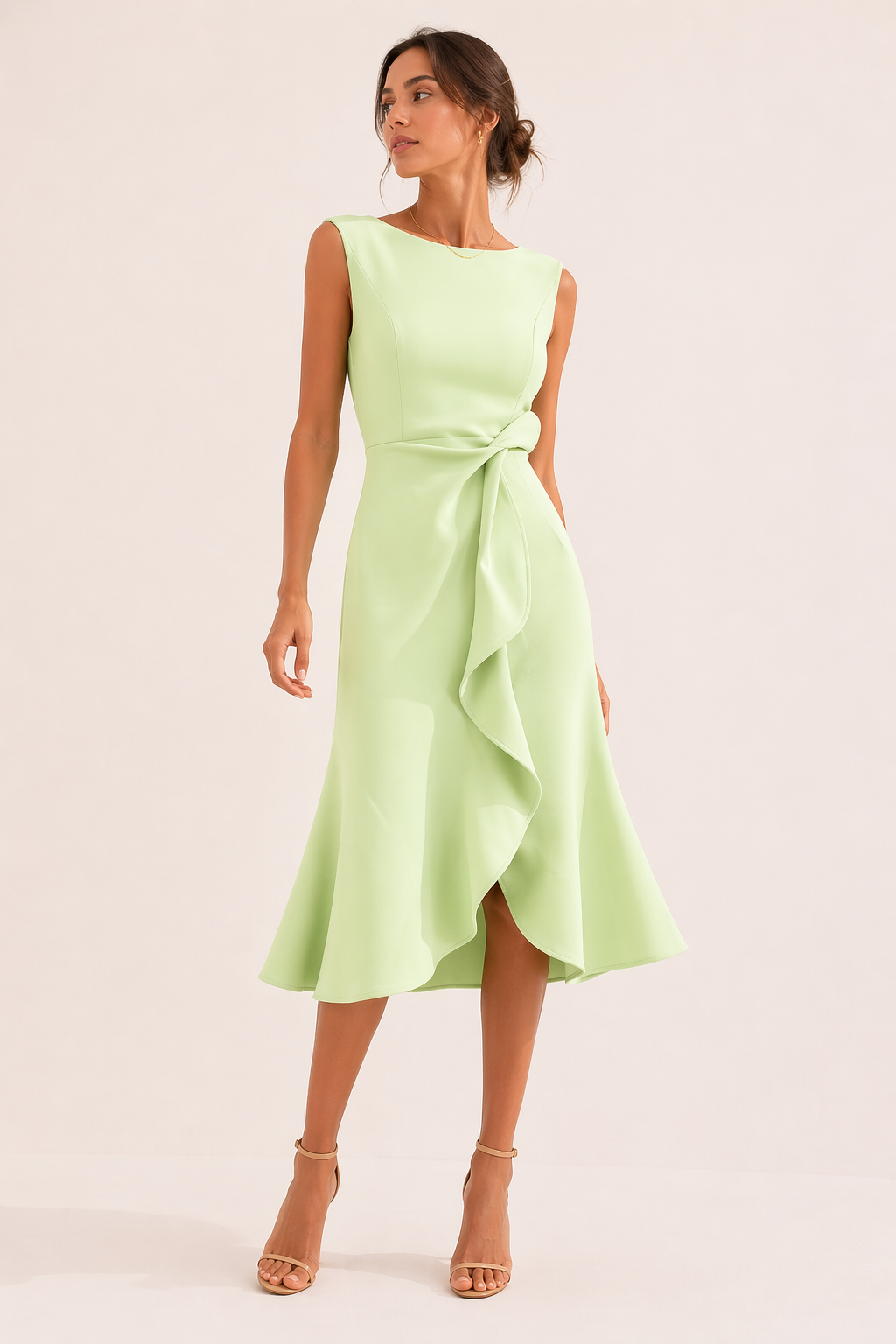 Women's Wedding Guest Midi Dress with Boat Neck and Asymmetrical Hem