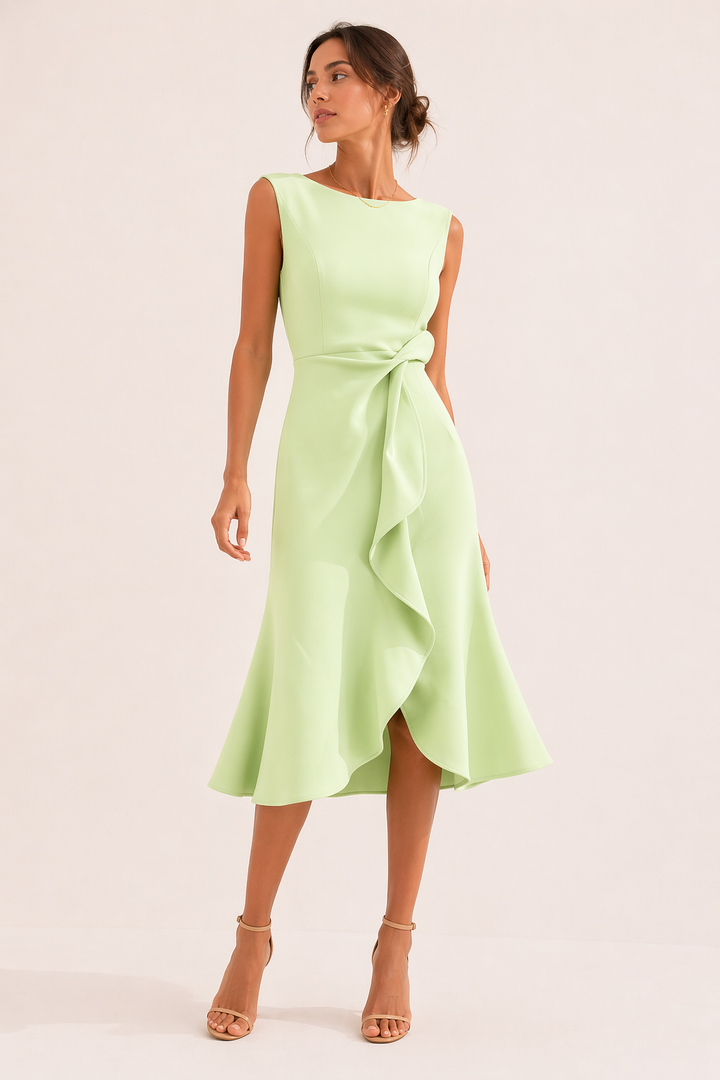 Women's Wedding Guest Midi Dress with Boat Neck and Asymmetrical Hem
