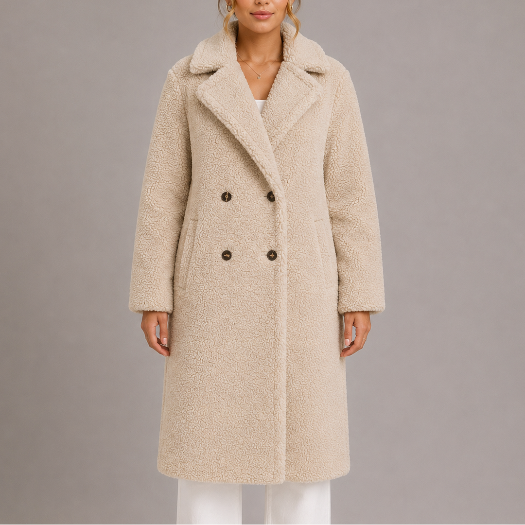 Women's Teddy Coat with Double Breasted Front and Notch Lapels