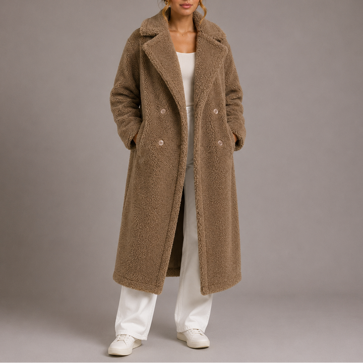 Women's Teddy Coat with Double Breasted Front and Notch Lapels