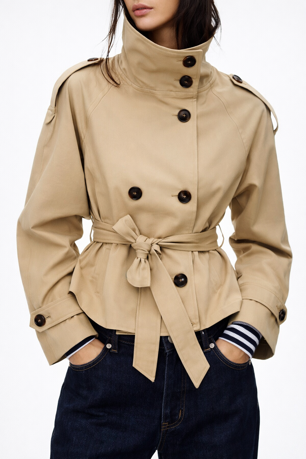 Women's Double Breasted Jacket with High Neck and Belted Waist