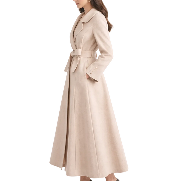 Women's Trench Coat with Tie Waist and Flared Hem