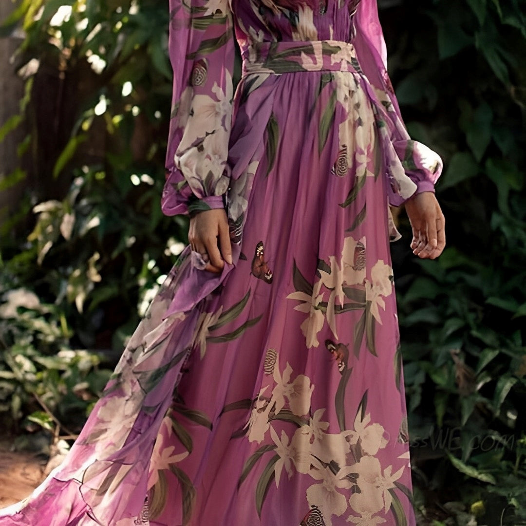 Women's Wedding Guest Maxi Dress with Floral Print and Long Sleeves
