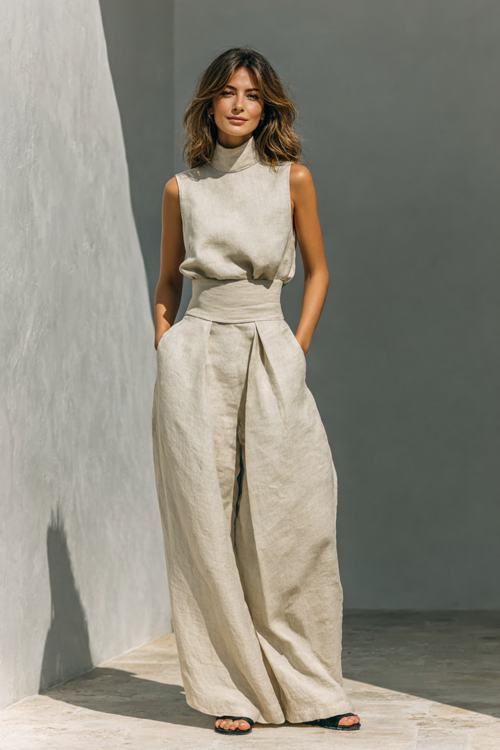 Women's Two Piece Co-Ord Set with High Neck Top and Wide Leg Trousers