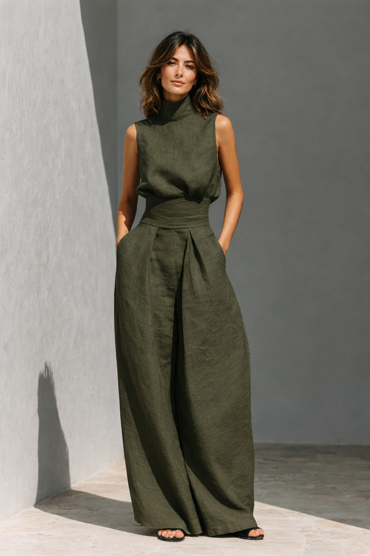 Women's Two Piece Co-Ord Set with High Neck Top and Wide Leg Trousers
