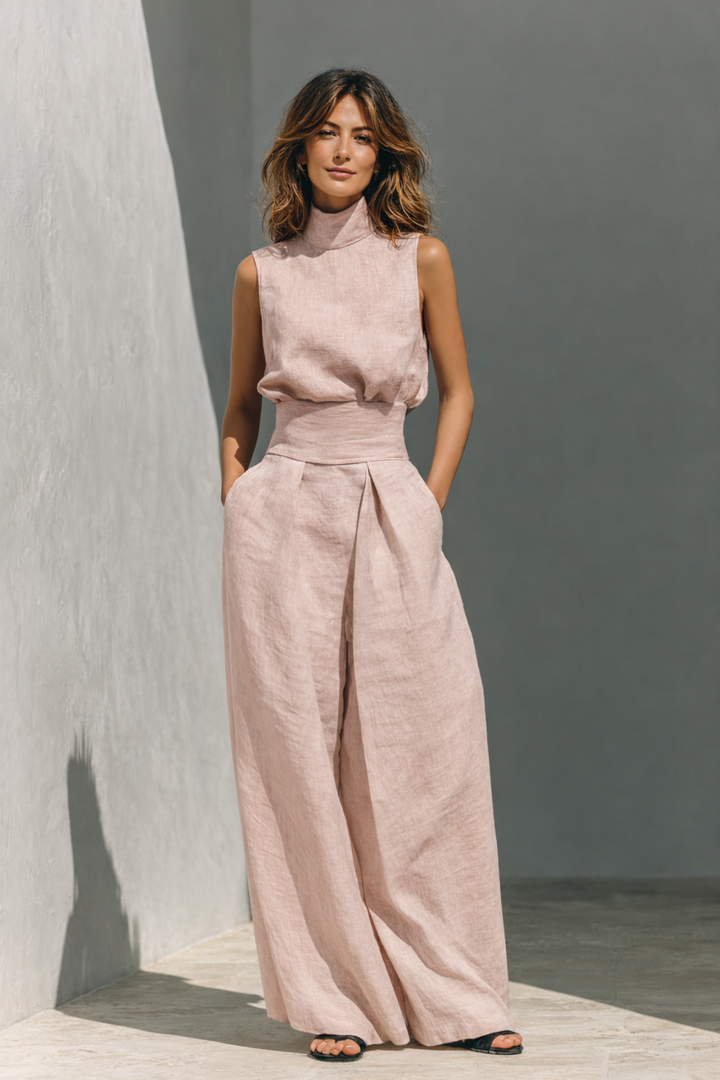 Women's Two Piece Co-Ord Set with High Neck Top and Wide Leg Trousers