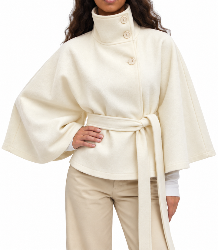 Women's Belted Jacket with High Neck and Wide Sleeves