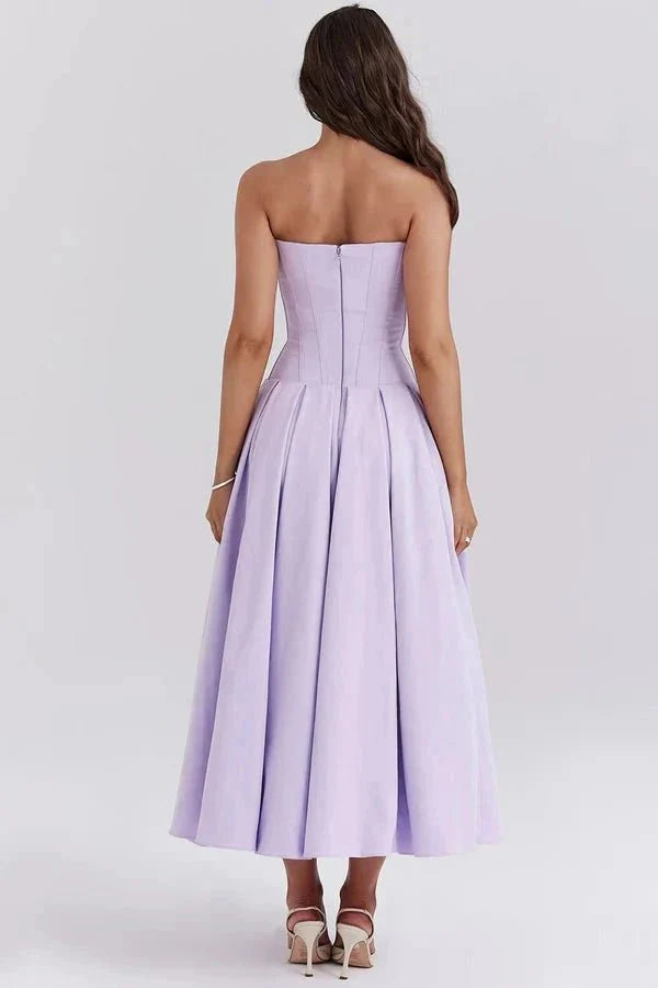 Women's Wedding Guest Corset Midi Dress with Full Skirt