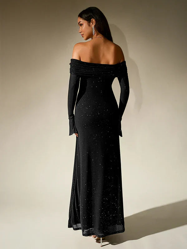 Women's Bardot Maxi Dress with Long Sleeves and Lace Detail