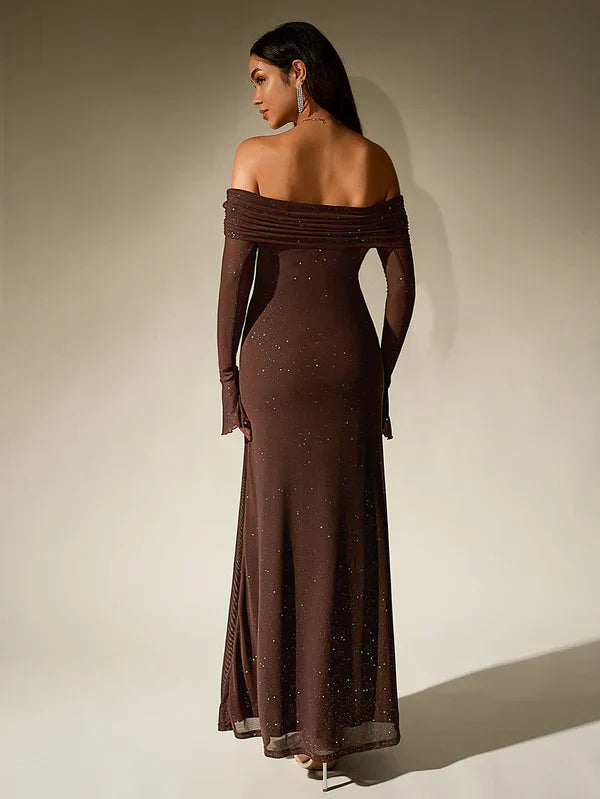 Women's Bardot Maxi Dress with Long Sleeves and Lace Detail
