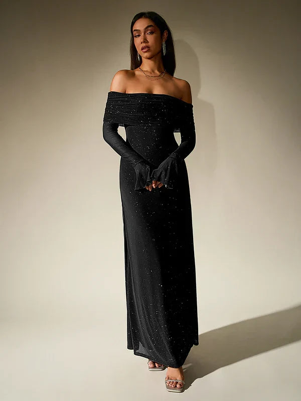 Women's Bardot Maxi Dress with Long Sleeves and Lace Detail