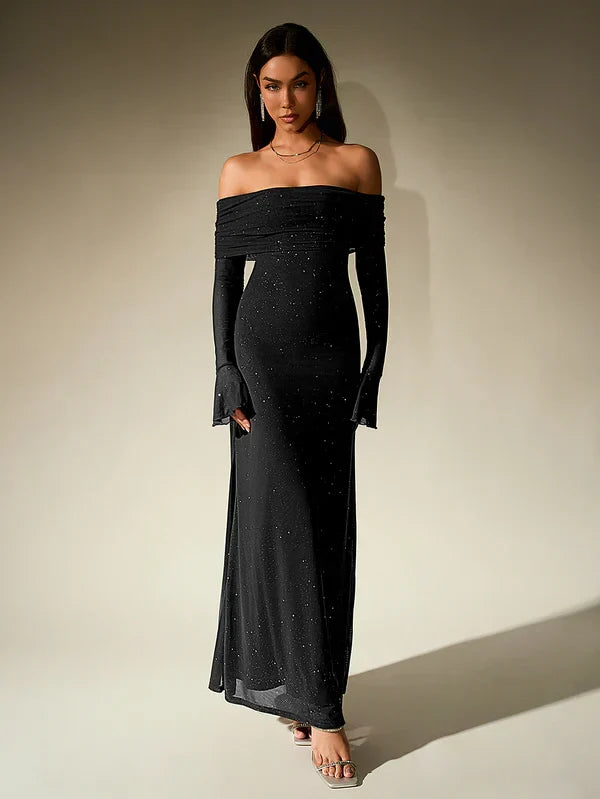 Women's Bardot Maxi Dress with Long Sleeves and Lace Detail