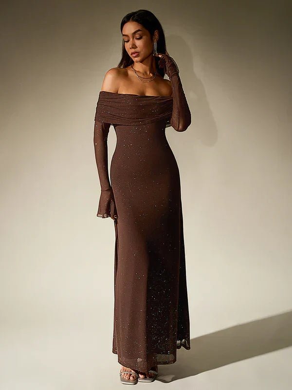 Women's Bardot Maxi Dress with Long Sleeves and Lace Detail