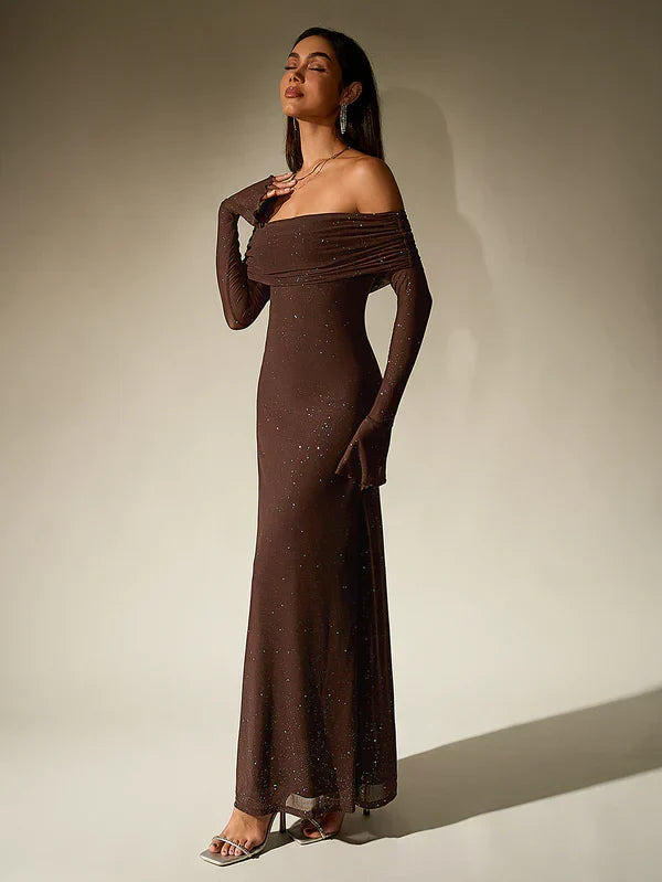 Women's Bardot Maxi Dress with Long Sleeves and Lace Detail