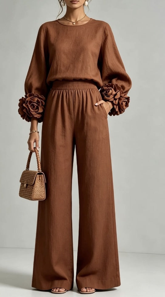 Women's Co-Ord Set with Balloon Sleeve Top and Wide Leg Trousers