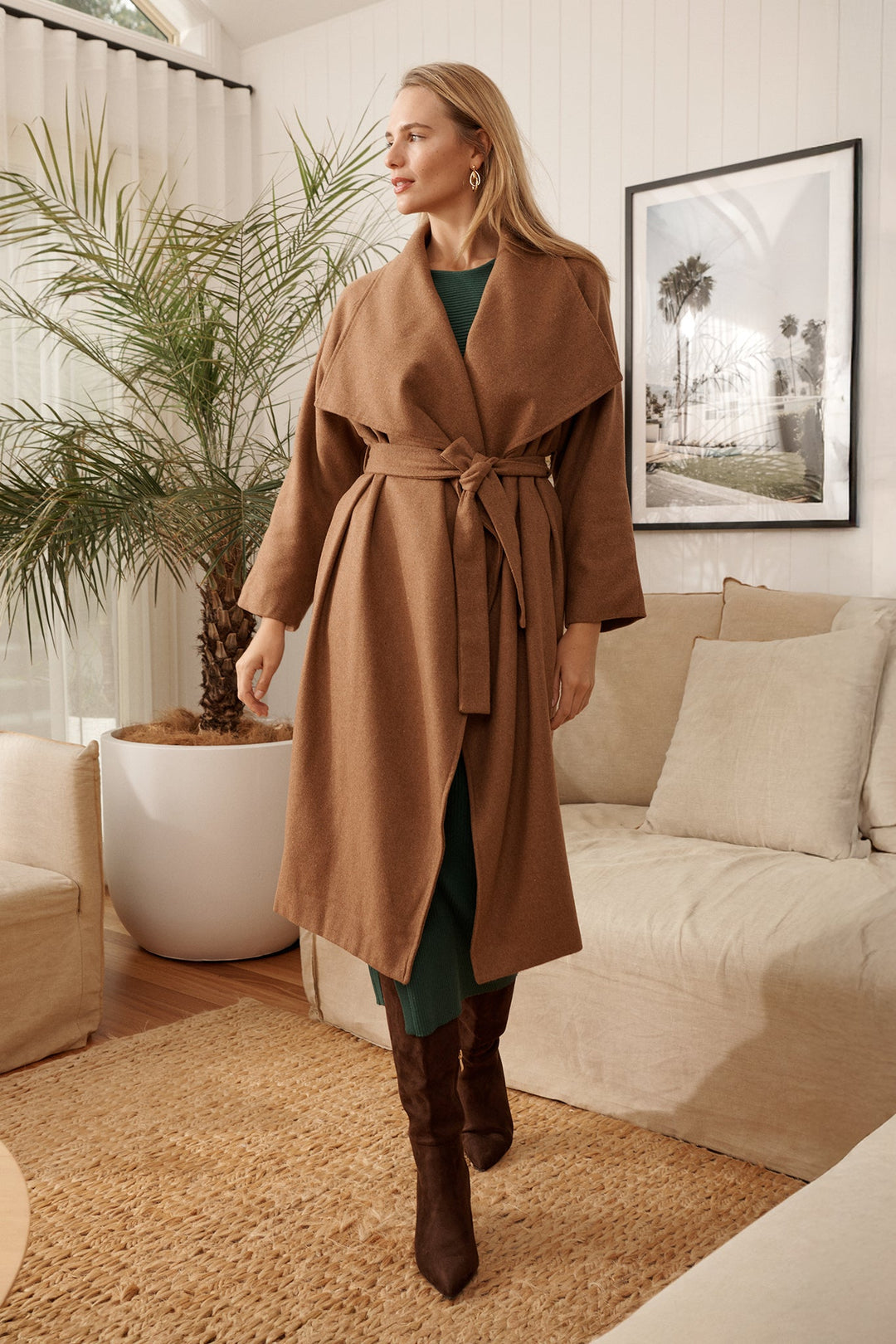 Women's Belted Wrap Coat with Wide Lapels and Longline Fit