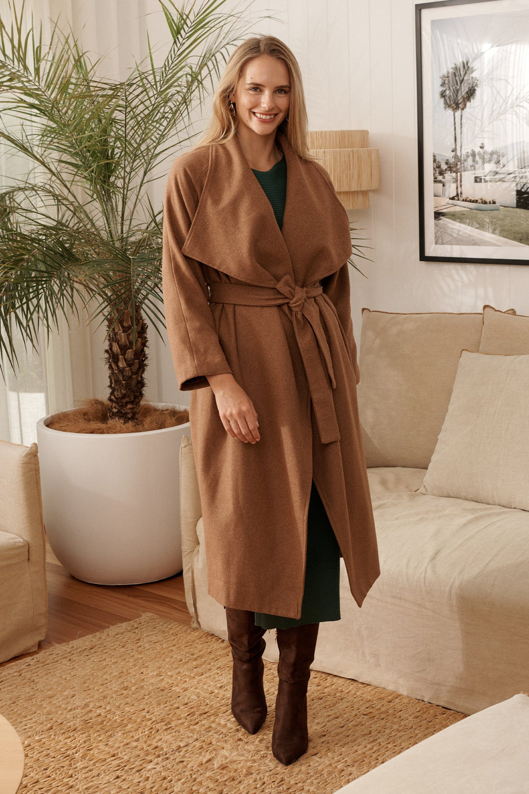 Women's Belted Wrap Coat with Wide Lapels and Longline Fit