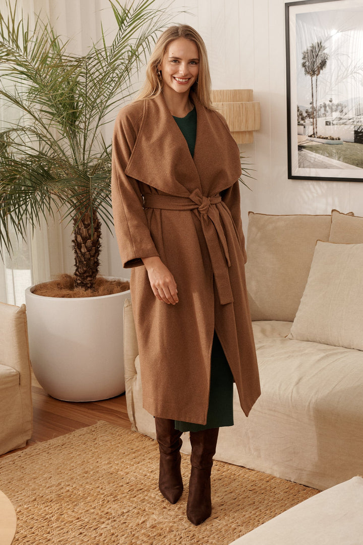Women's Belted Wrap Coat with Wide Lapels and Longline Fit