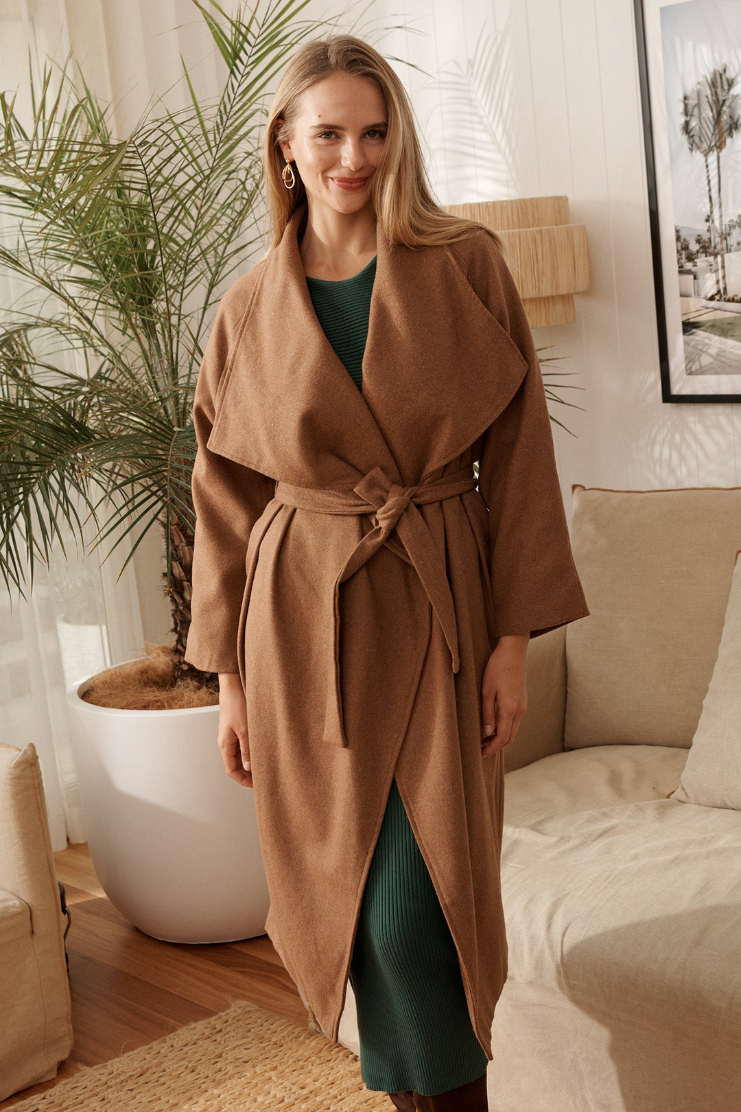 Women's Belted Wrap Coat with Wide Lapels and Longline Fit