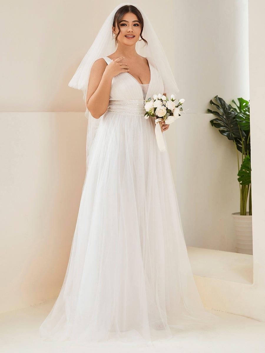 Women's V Neck Wedding Dress with Empire Waist and Flowing Maxi Skirt