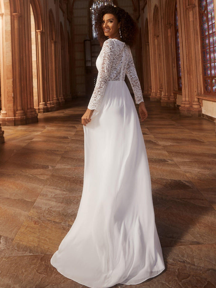 Women's Lace Sleeve Wedding Dress with V Neck and Flowing Maxi Skirt
