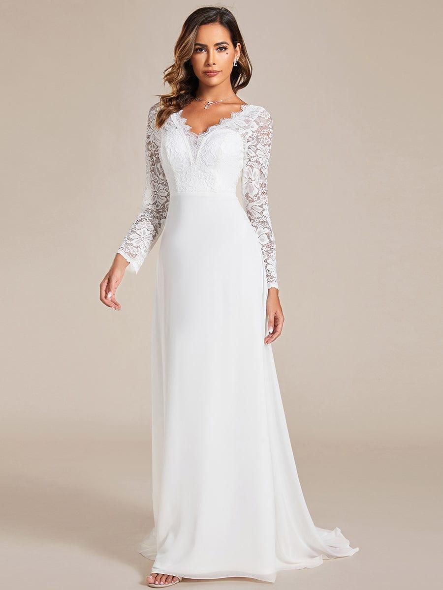 Women's Lace Sleeve Wedding Dress with V Neck and Flowing Maxi Skirt