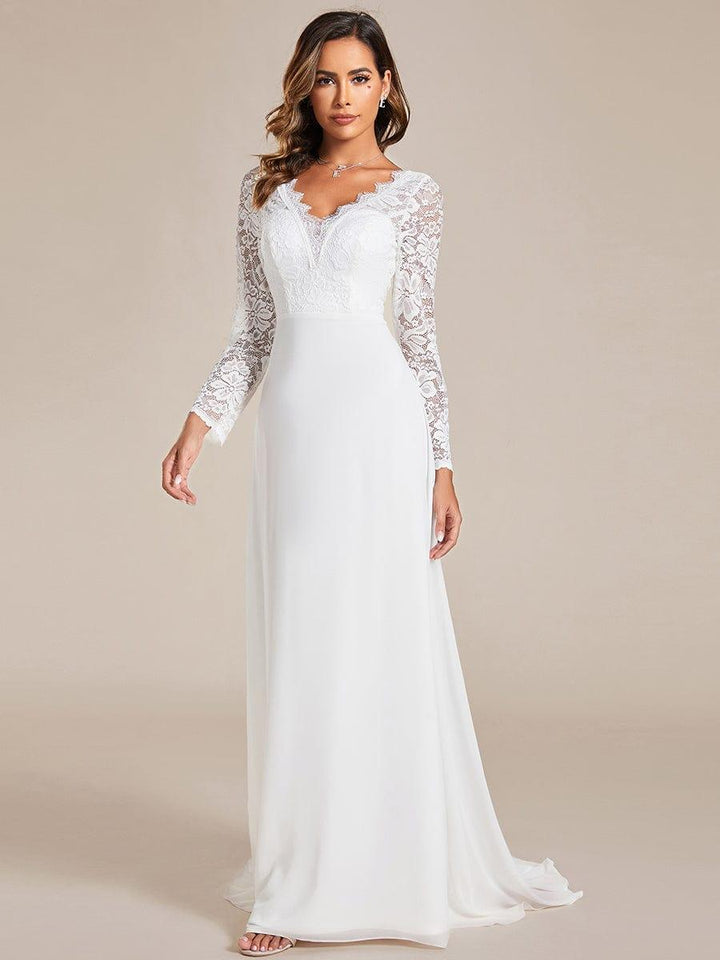 Women's Lace Sleeve Wedding Dress with V Neck and Flowing Maxi Skirt