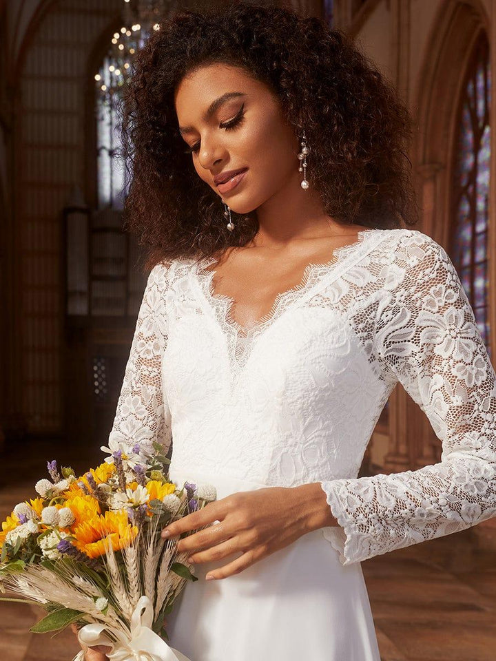 Women's Lace Sleeve Wedding Dress with V Neck and Flowing Maxi Skirt