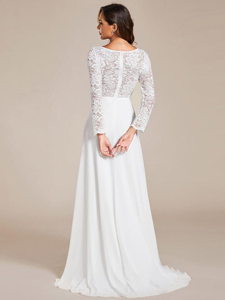 Women's Lace Sleeve Wedding Dress with V Neck and Flowing Maxi Skirt