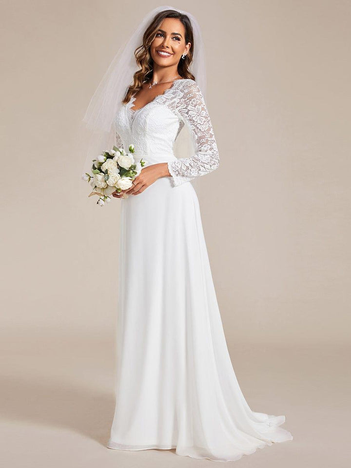Women's Lace Sleeve Wedding Dress with V Neck and Flowing Maxi Skirt