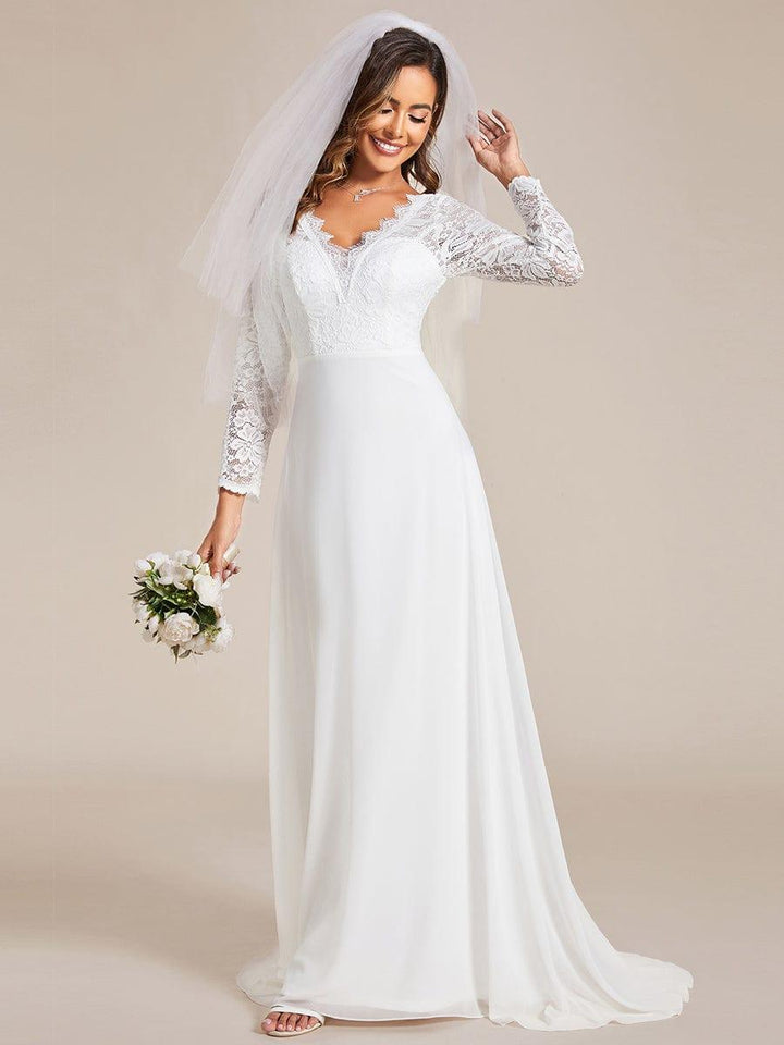 Women's Lace Sleeve Wedding Dress with V Neck and Flowing Maxi Skirt