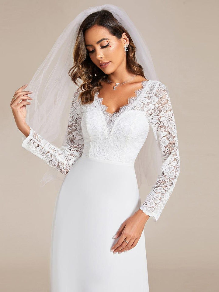 Women's Lace Sleeve Wedding Dress with V Neck and Flowing Maxi Skirt