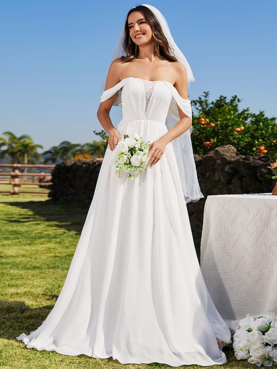 Women's Bardot Wedding Dress with Draped Sleeves and Full Maxi Skirt