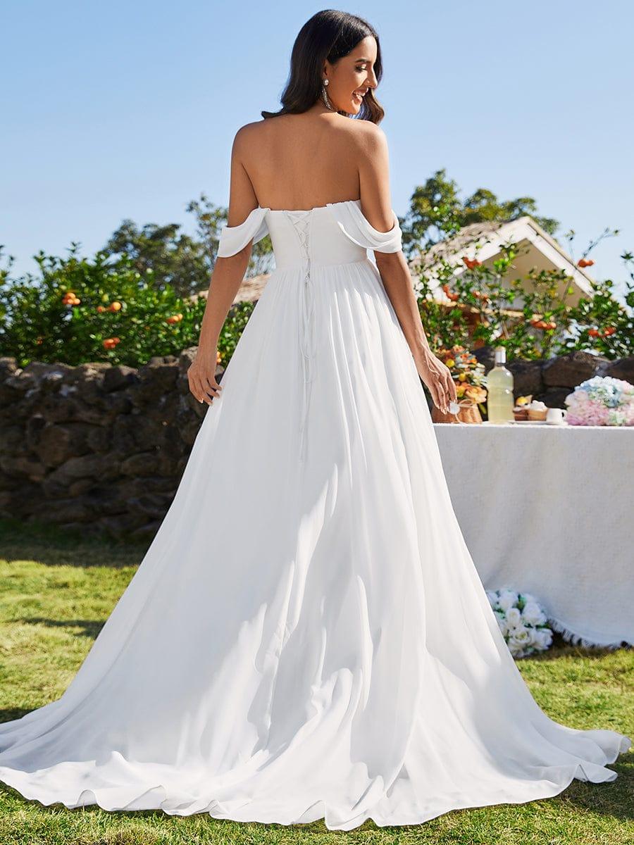 Women's Bardot Wedding Dress with Draped Sleeves and Full Maxi Skirt
