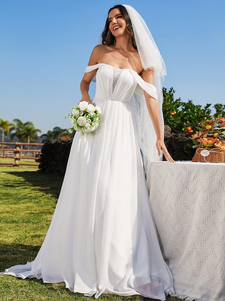 Women's Bardot Wedding Dress with Draped Sleeves and Full Maxi Skirt