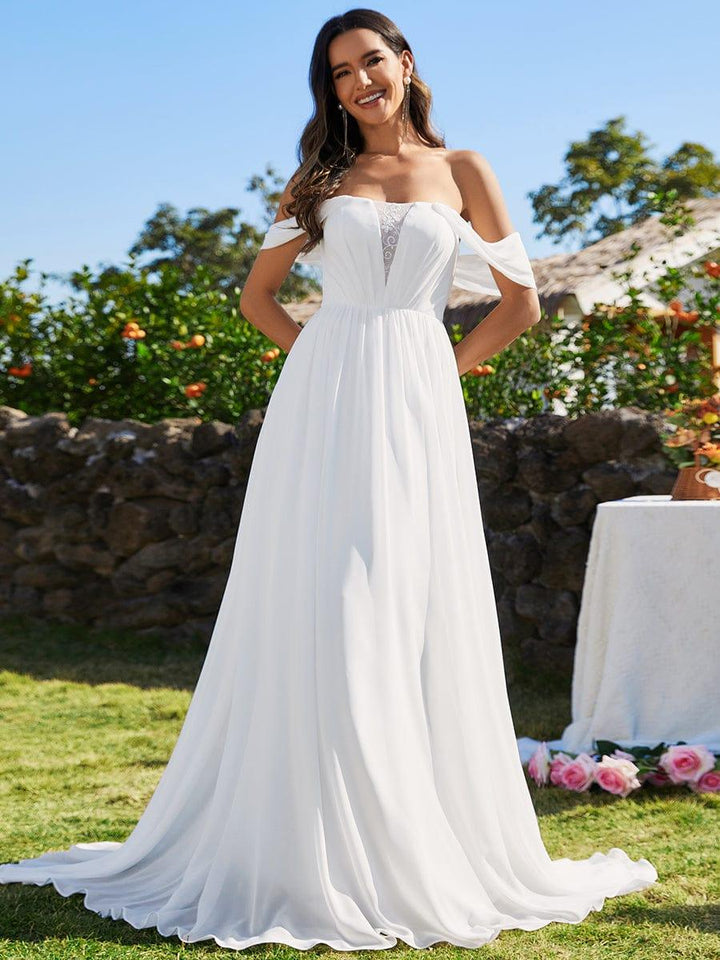 Women's Bardot Wedding Dress with Draped Sleeves and Full Maxi Skirt