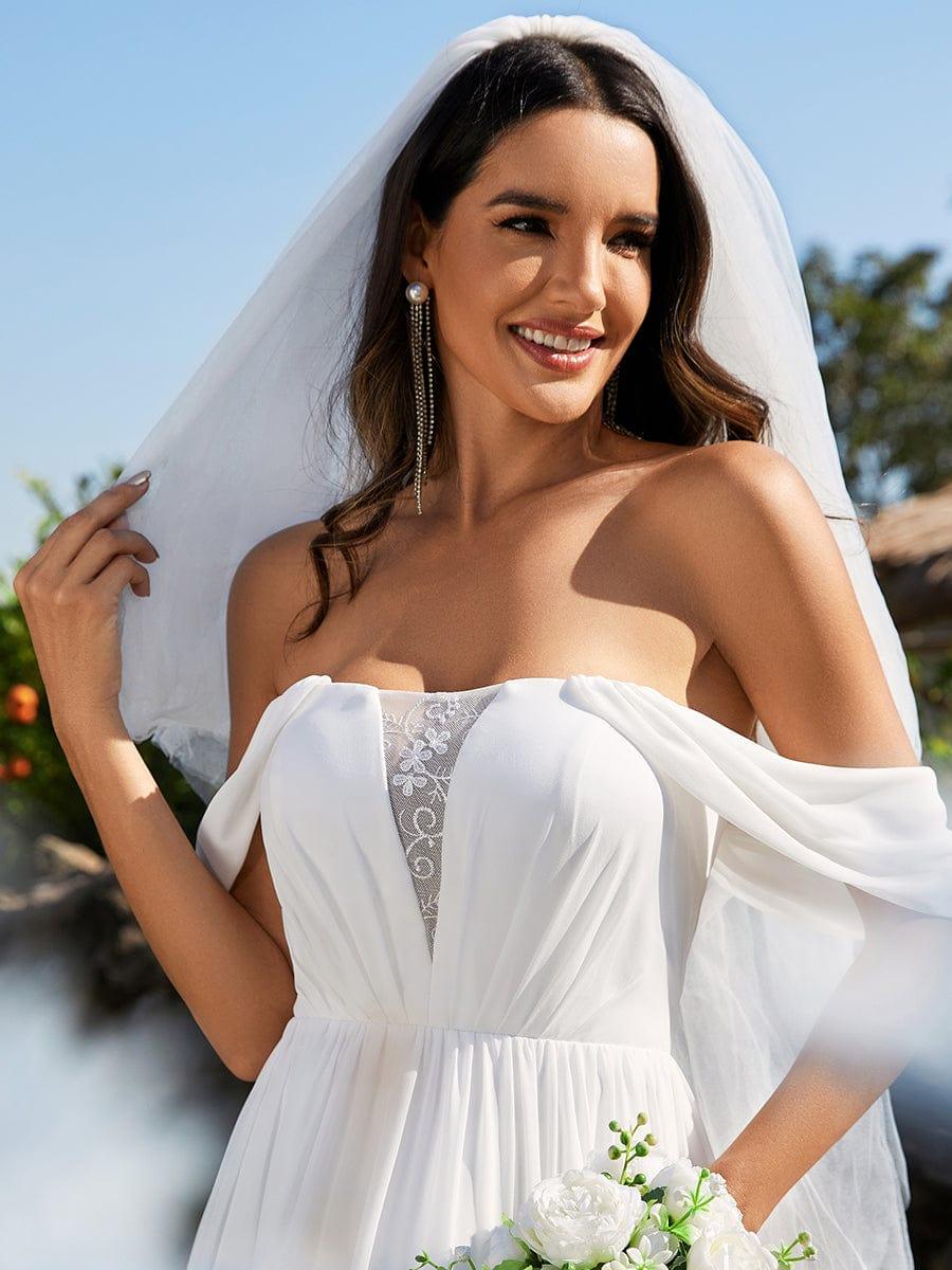 Women's Bardot Wedding Dress with Draped Sleeves and Full Maxi Skirt