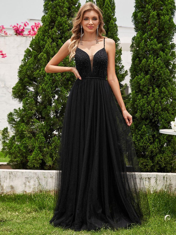 Women's V Neck Wedding Dress with Spaghetti Straps and Full Maxi Skirt